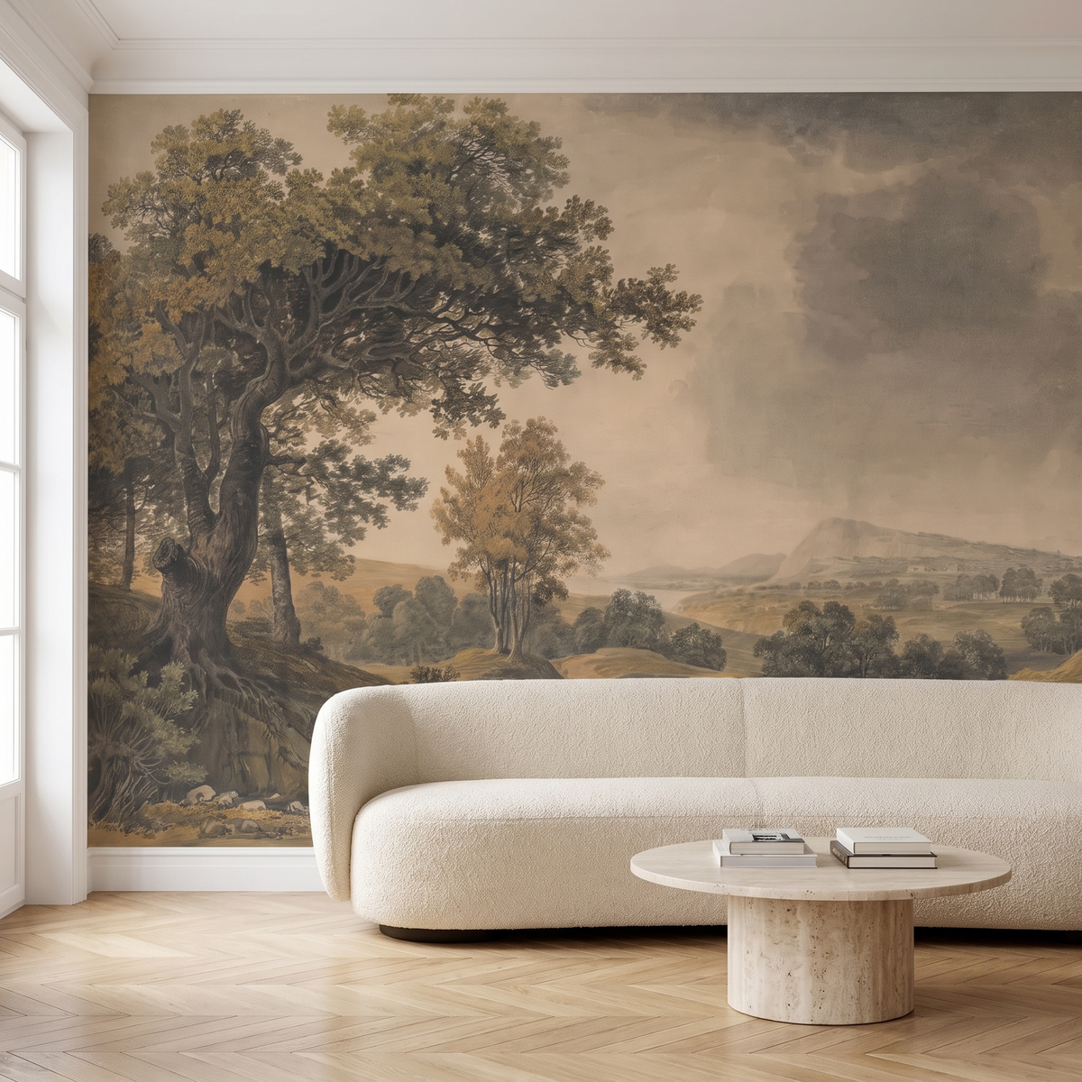 Papier peint panoramique Collines et grands arbres, sépia posé du sol au plafond dans un salon