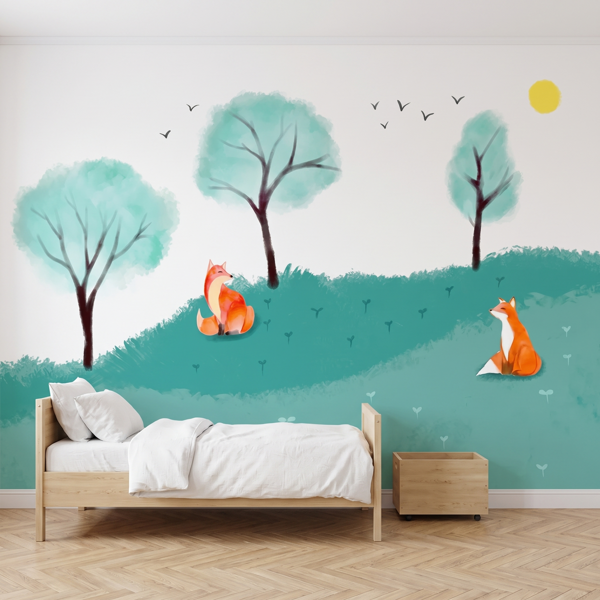 Papier peint panoramique Collines et renards, vert d'eau posé du sol au plafond dans une chambre d’enfant