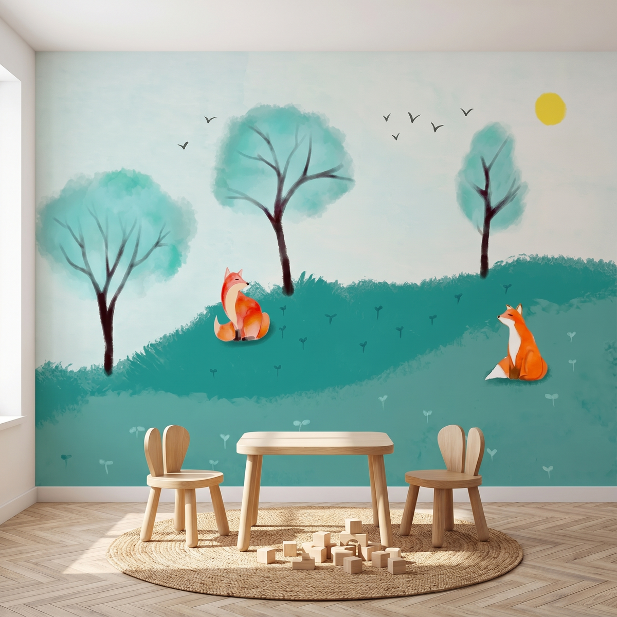 Papier peint panoramique Collines et renards, vert d'eau posé du sol au plafond dans une salle de jeux