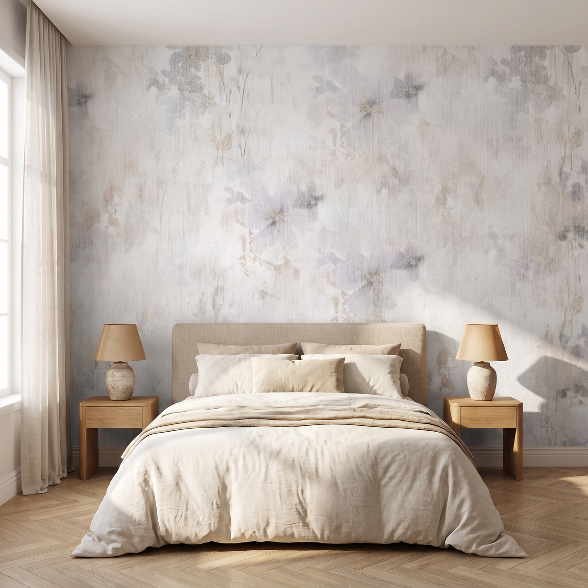 Papier peint panoramique Enduit fleuri, gris perle posé du sol au plafond dans une chambre