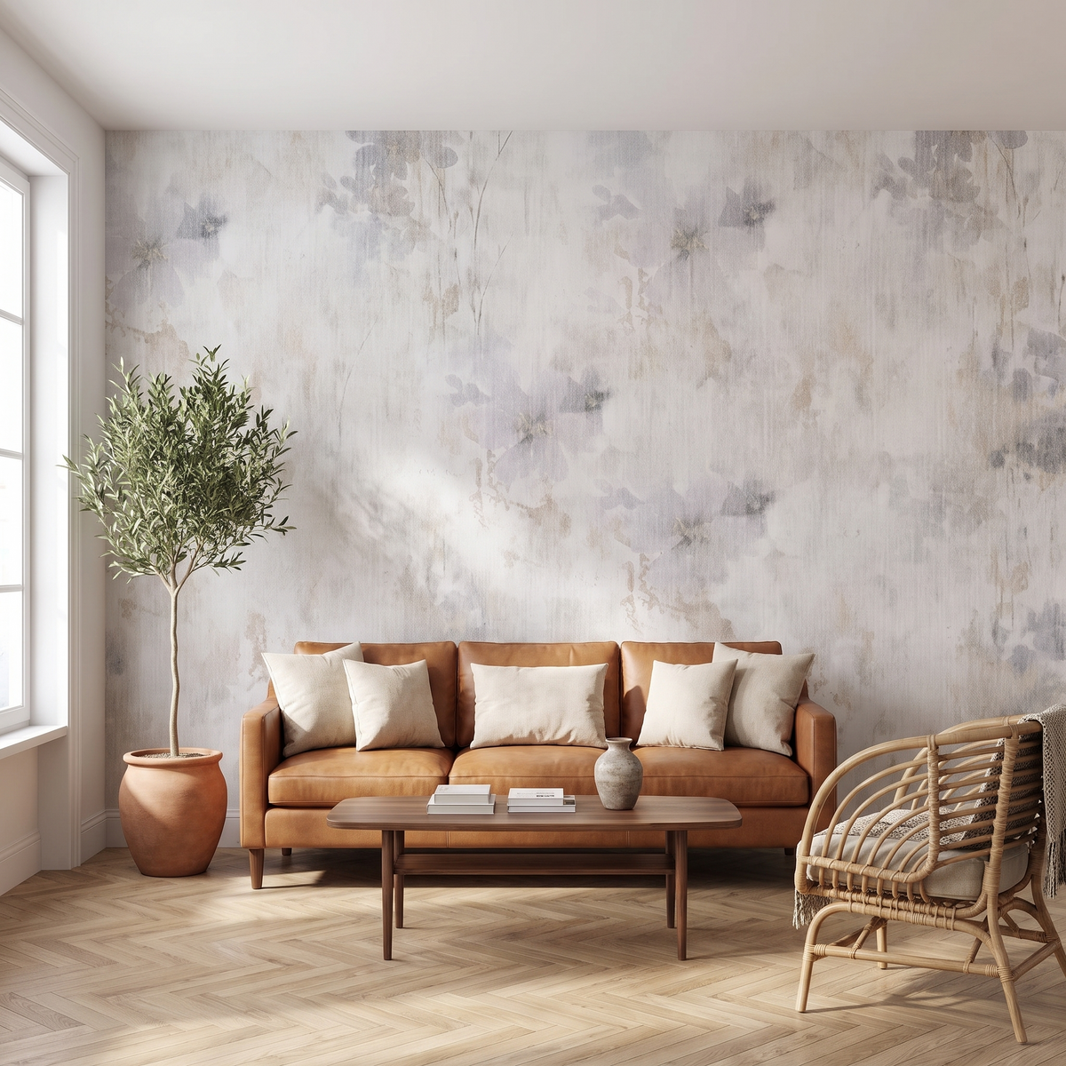 Papier peint panoramique Enduit fleuri, gris perle posé du sol au plafond dans un salon