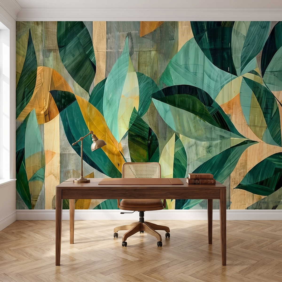Papier peint panoramique Feuillage graphique, vert et ocre posé du sol au plafond dans un bureau