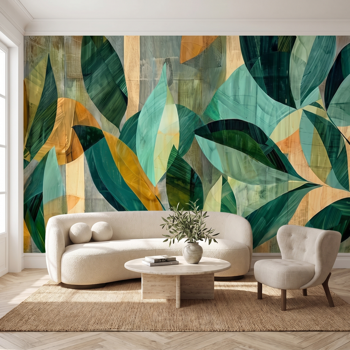 Papier peint panoramique Feuillage graphique, vert et ocre posé du sol au plafond dans un salon