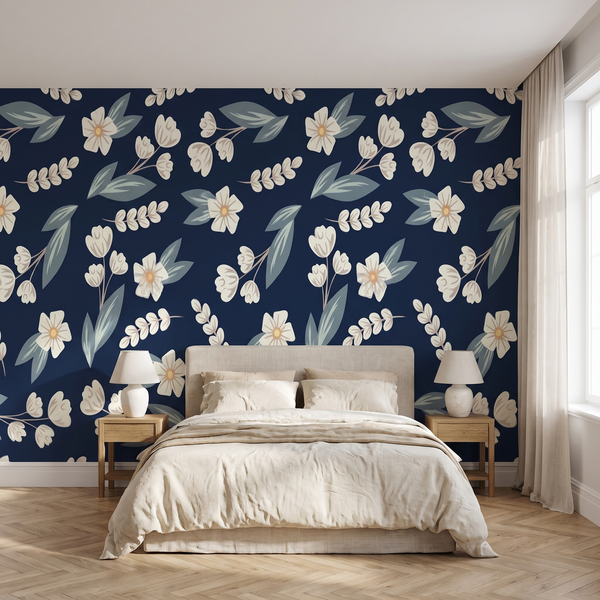 Papier peint panoramique Fleurs blanches sur fond marine posé du sol au plafond dans une chambre