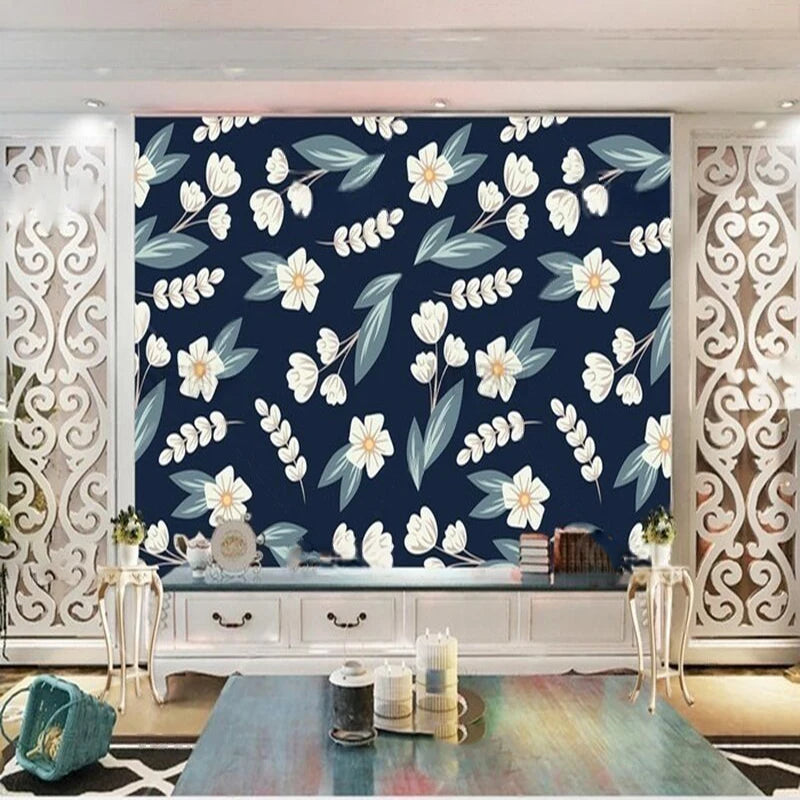 Papier peint panoramique Fleurs blanches sur fond marine, exemple de pose