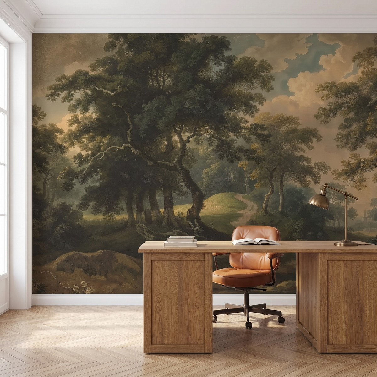 Papier peint panoramique Forêt ancienne, vert profond posé du sol au plafond dans un bureau