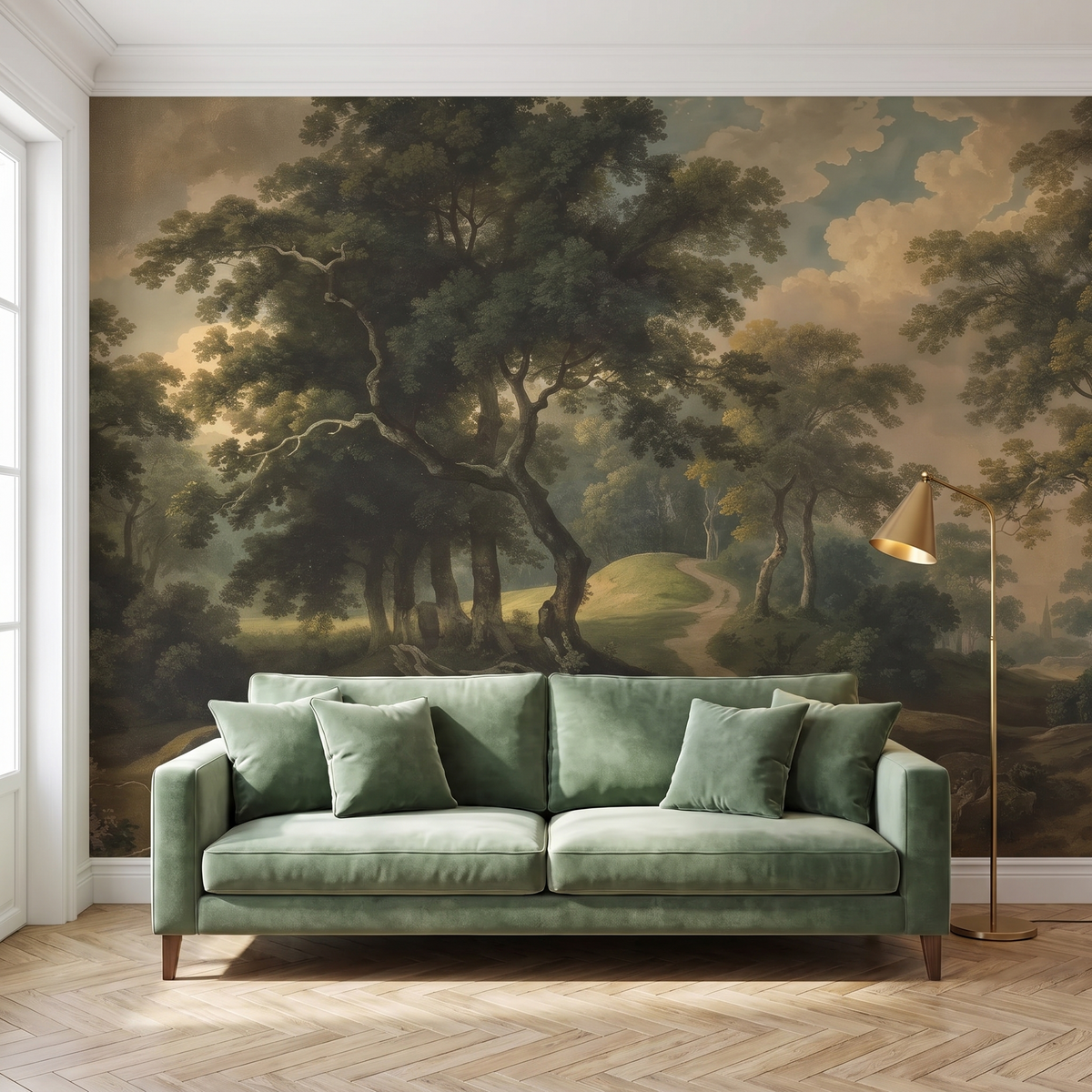 Papier peint panoramique Forêt ancienne, vert profond posé du sol au plafond dans un salon