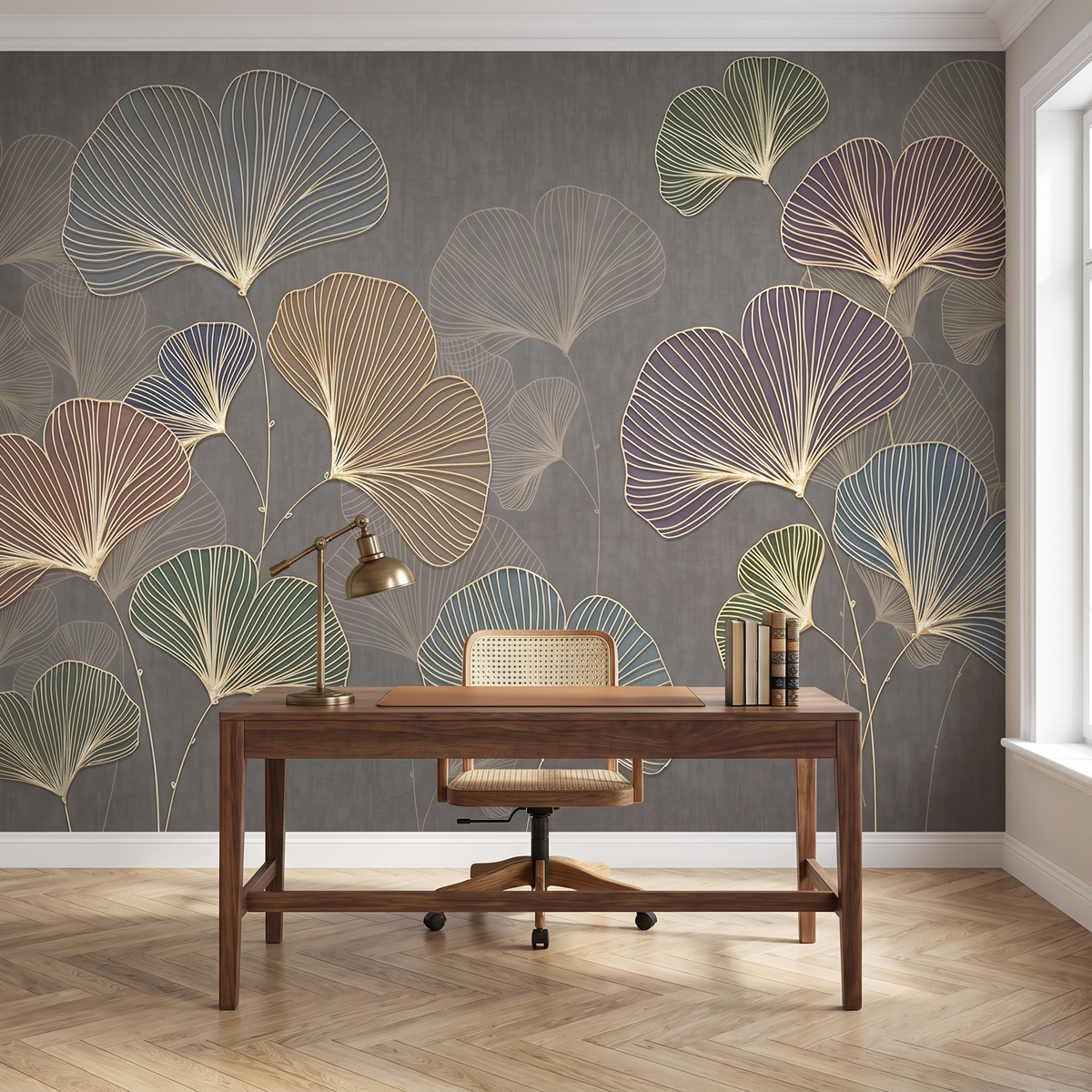 Papier peint panoramique Ginkgo aux traits dorés, anthracite posé du sol au plafond dans un bureau