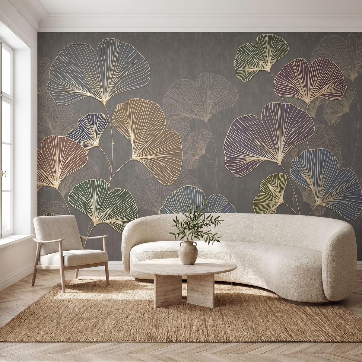 Papier peint panoramique Ginkgo aux traits dorés, anthracite posé du sol au plafond dans un salon