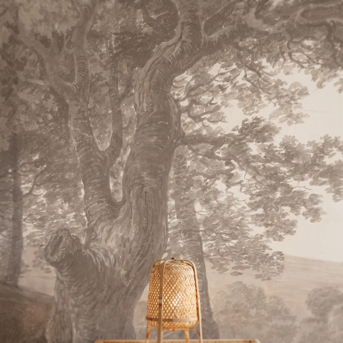 Détail du papier peint panoramique Grand arbre en grisaille, papier intissé mat