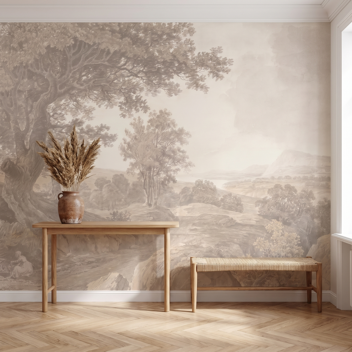 Papier peint panoramique Grand arbre en grisaille posé du sol au plafond dans une entrée