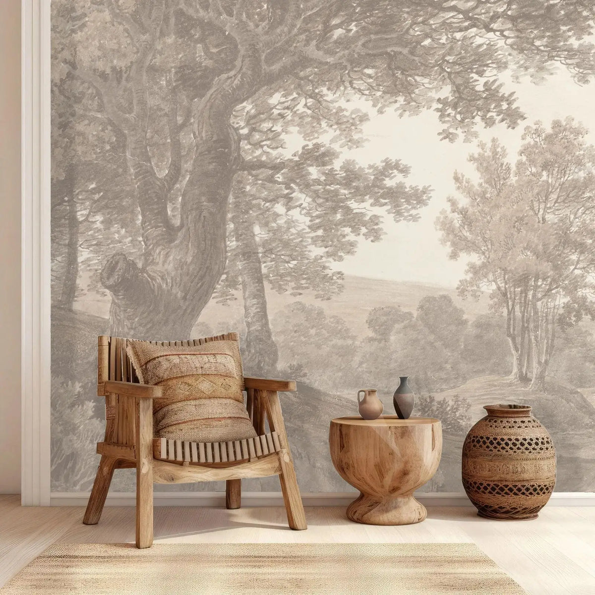 Papier peint panoramique Grand arbre en grisaille, exemple de pose