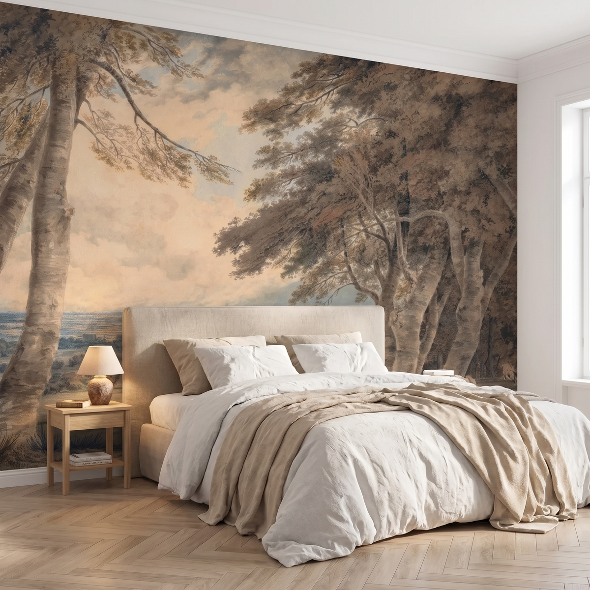 Papier peint panoramique Grand arbre et horizon lointain posé du sol au plafond dans une chambre