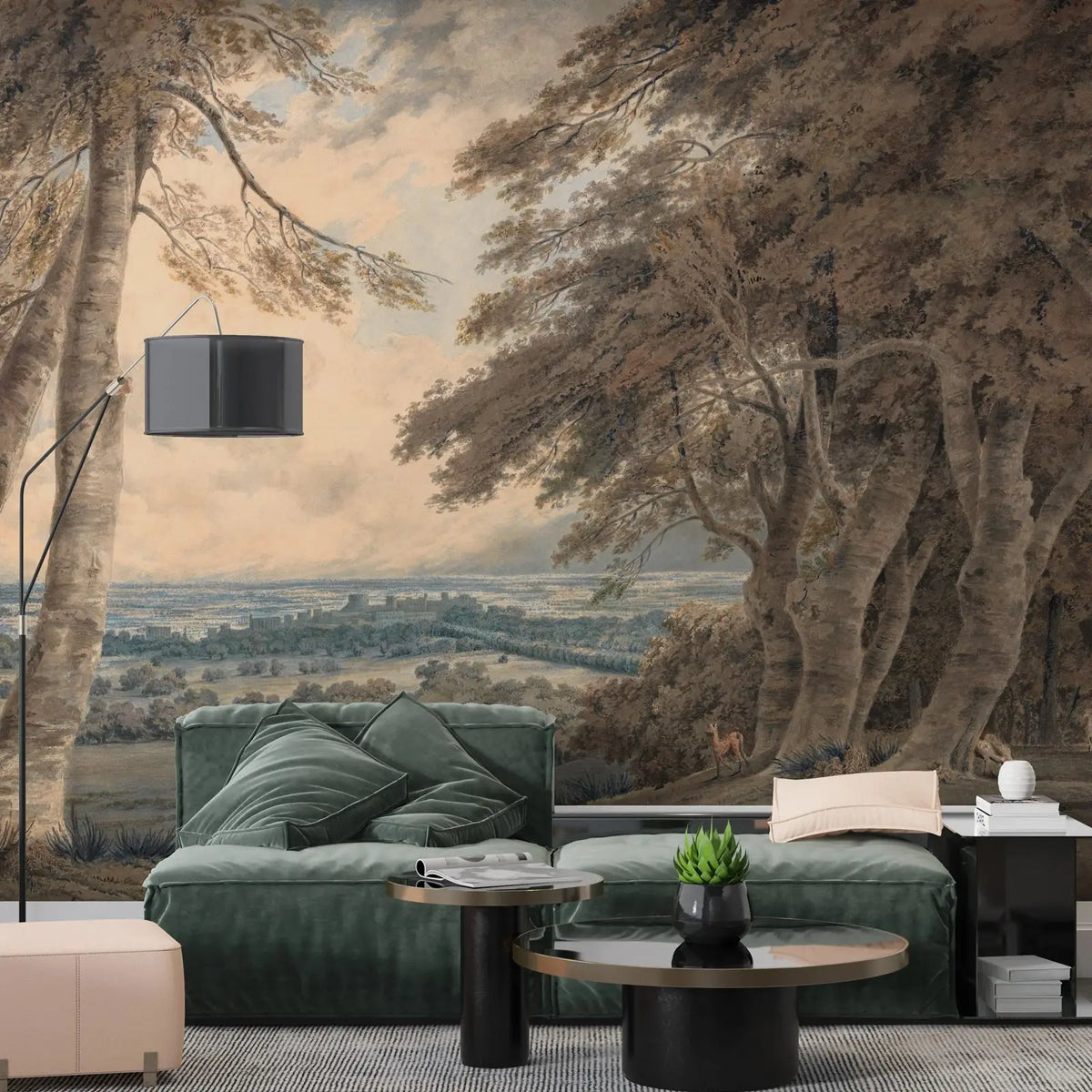 Papier peint panoramique Grand arbre et horizon lointain, exemple de pose