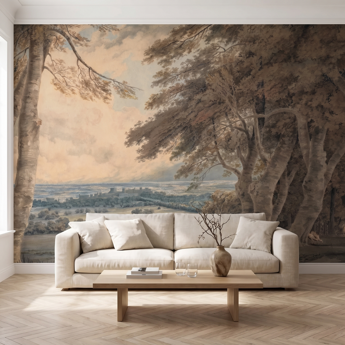 Papier peint panoramique Grand arbre et horizon lointain posé du sol au plafond dans un salon