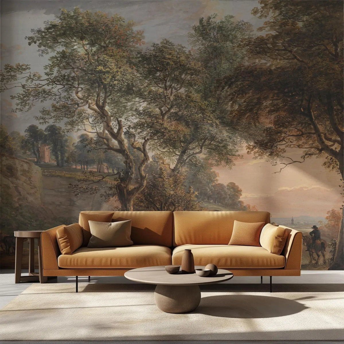 Papier peint panoramique Grands arbres, tons chauds, exemple de pose