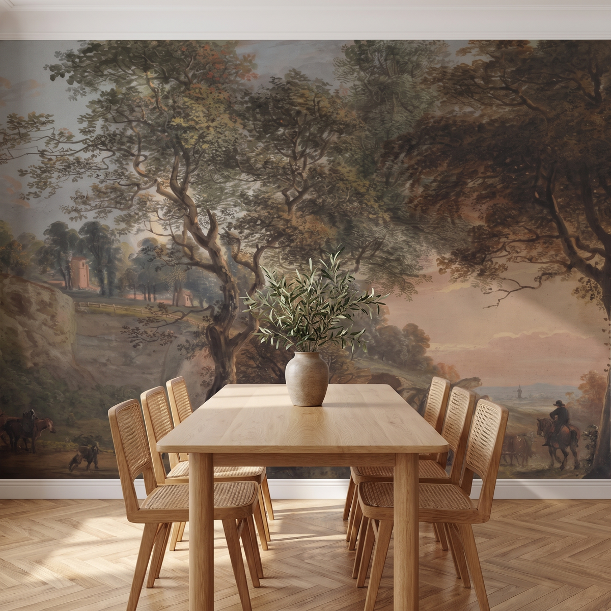 Papier peint panoramique Grands arbres, tons chauds posé du sol au plafond dans une salle à manger