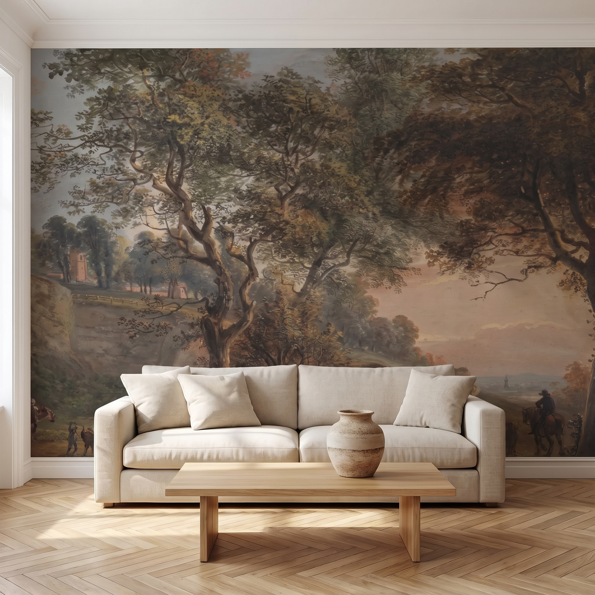 Papier peint panoramique Grands arbres, tons chauds posé du sol au plafond dans un salon