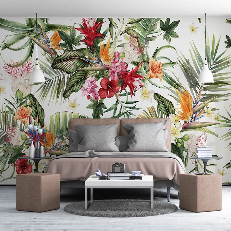 Papier peint panoramique Hibiscus et oiseaux de paradis, exemple de pose