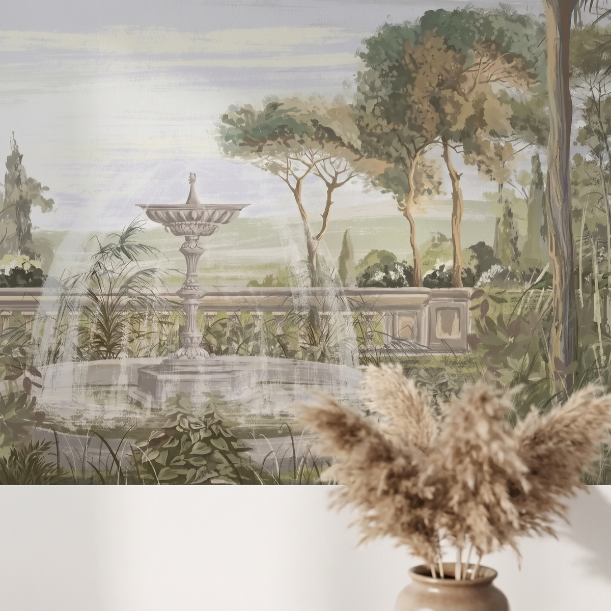 Détail du papier peint panoramique Jardin à la fontaine, vert-de-gris, papier intissé mat