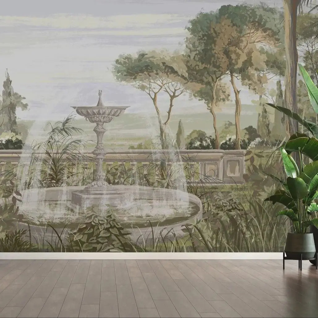 Papier peint panoramique Jardin à la fontaine, vert-de-gris, exemple de pose