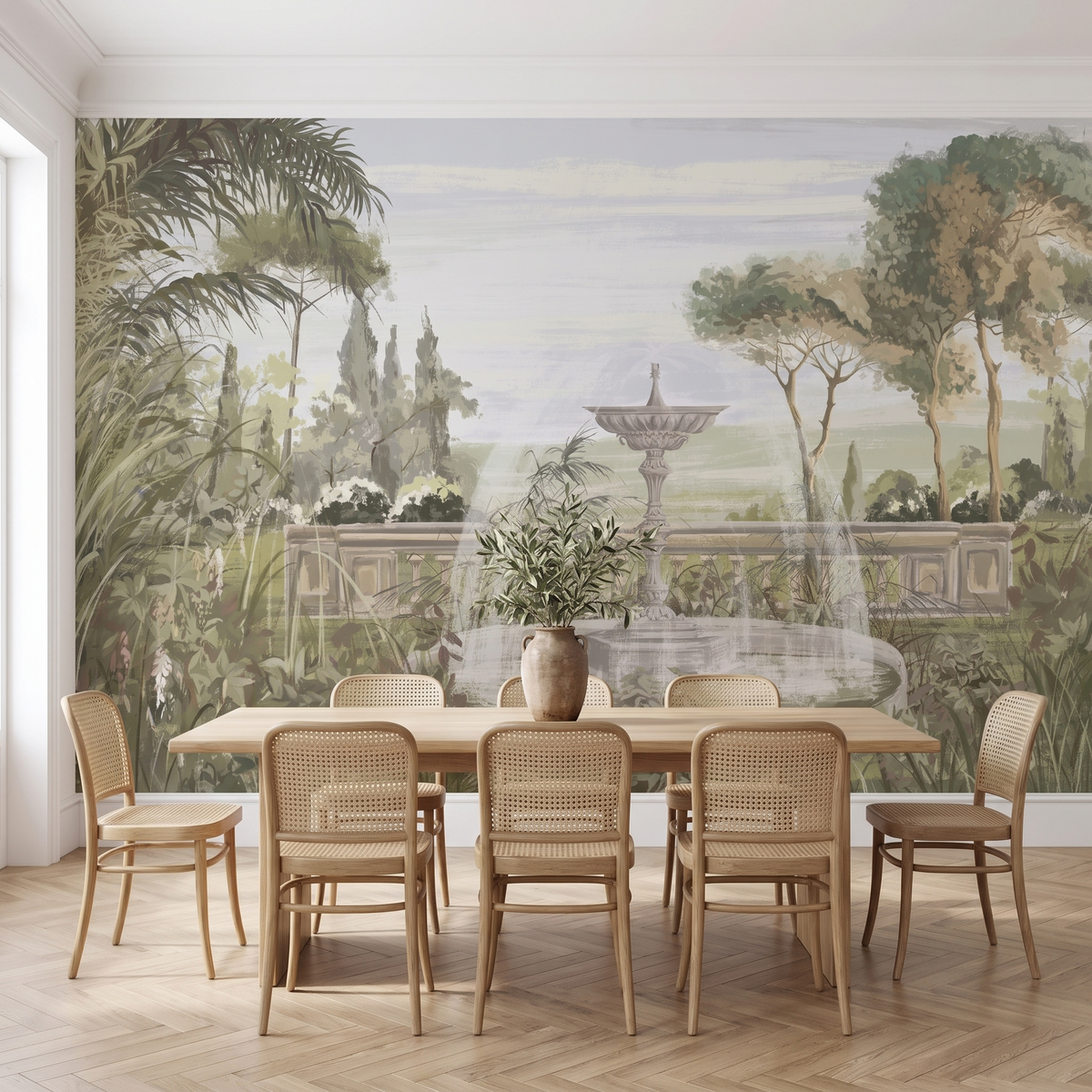 Papier peint panoramique Jardin à la fontaine, vert-de-gris posé du sol au plafond dans une salle à manger