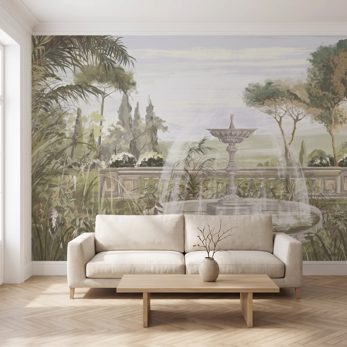Papier peint panoramique Jardin à la fontaine, vert-de-gris posé du sol au plafond dans un salon