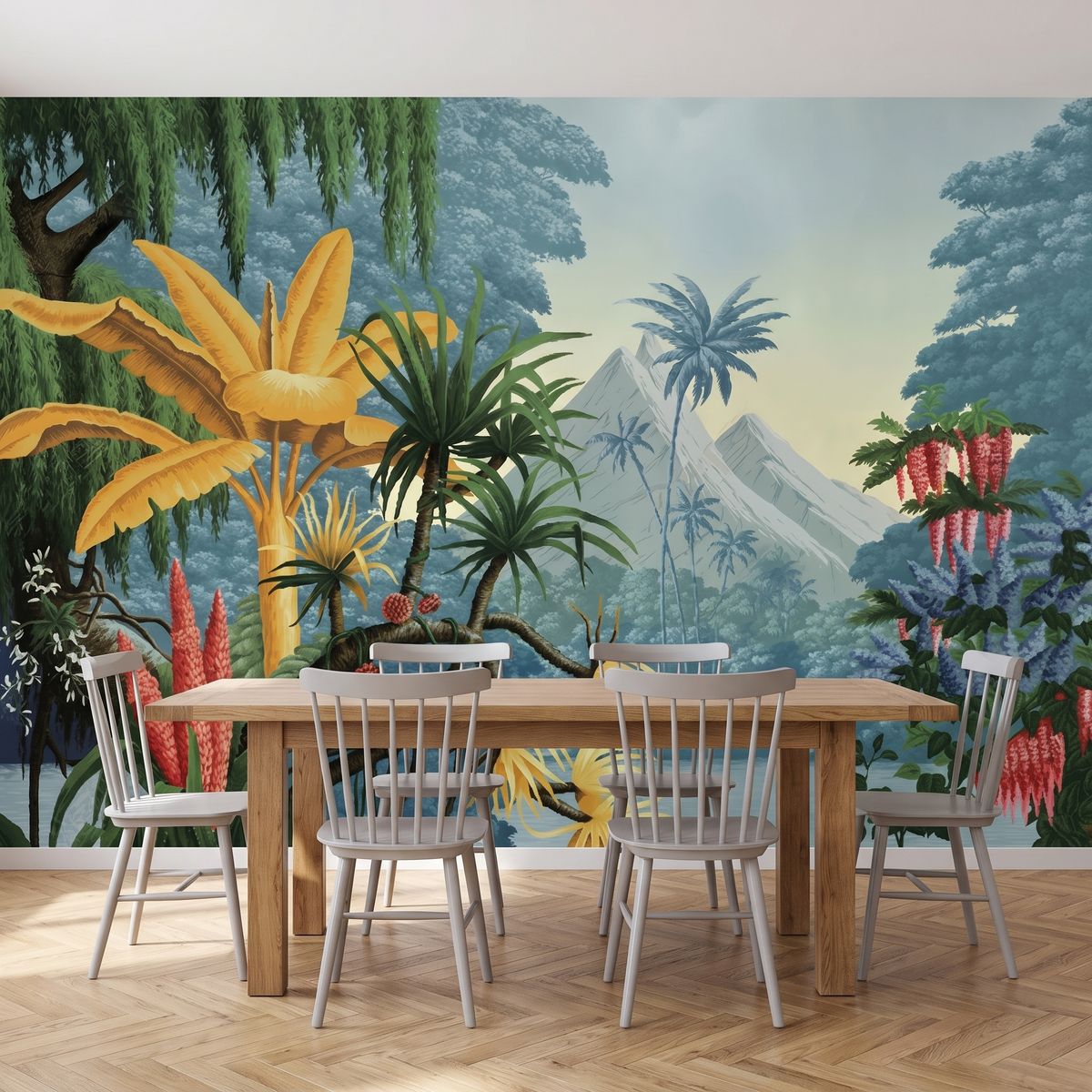 Papier peint panoramique Jungle peinte et montagnes bleues posé du sol au plafond dans une salle à manger