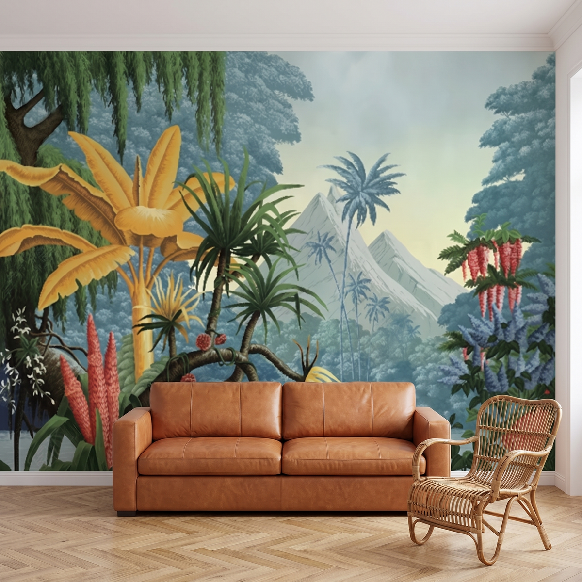 Papier peint panoramique Jungle peinte et montagnes bleues posé du sol au plafond dans un salon