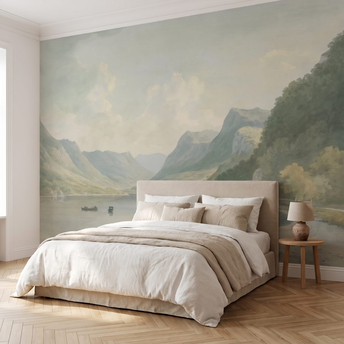 Papier peint panoramique Lac alpin dans la brume posé du sol au plafond dans une chambre