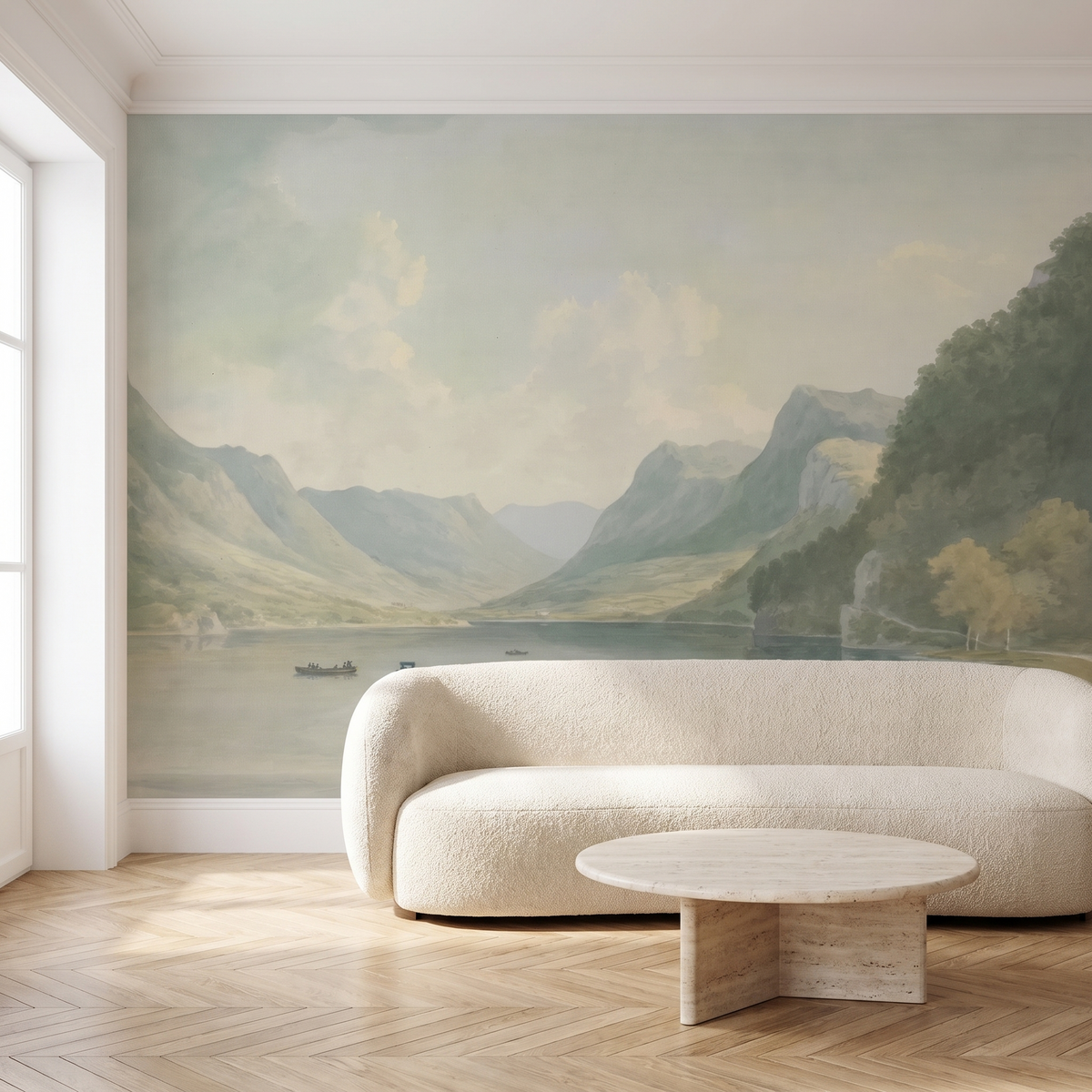 Papier peint panoramique Lac alpin dans la brume posé du sol au plafond dans un salon
