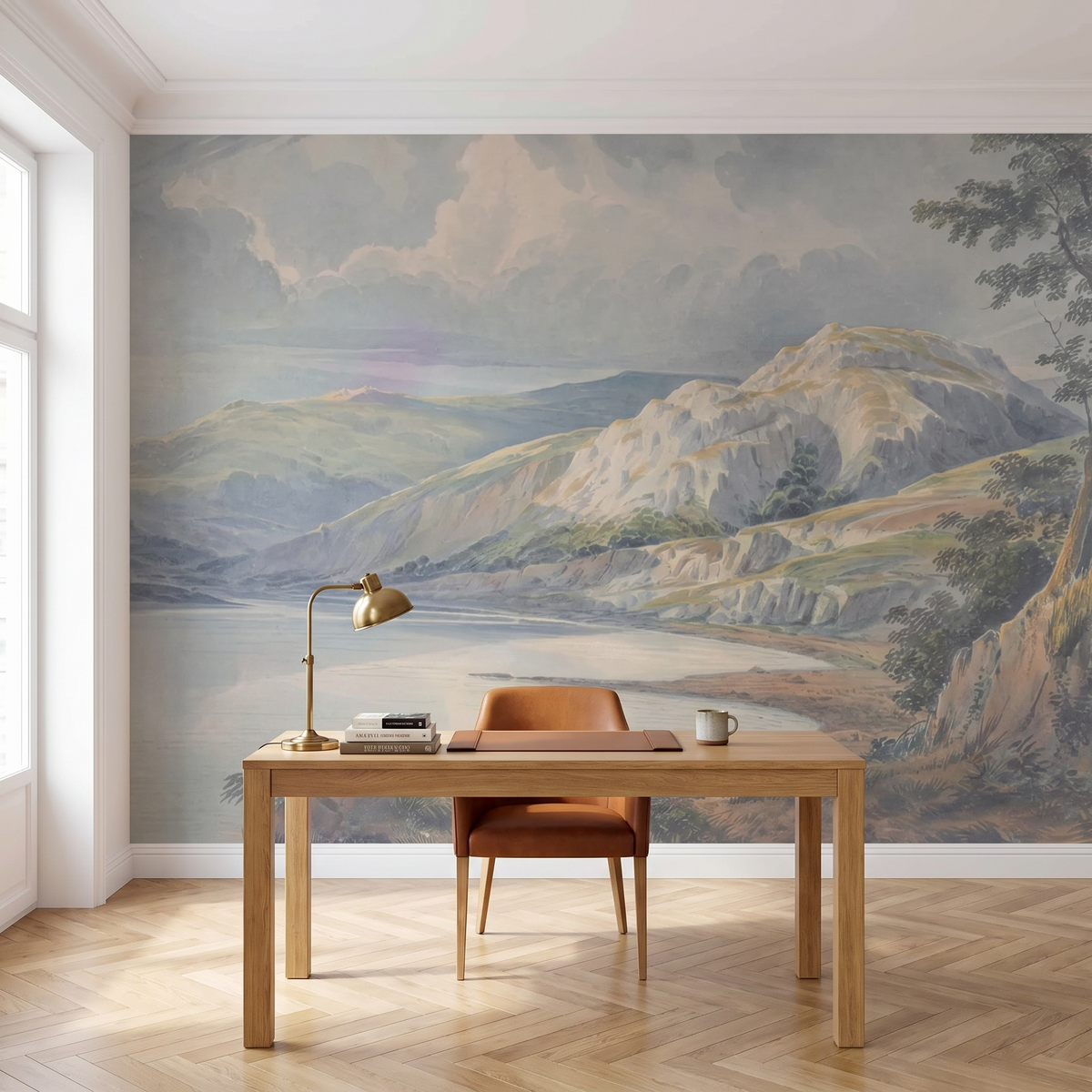 Papier peint panoramique Lac de montagne, aquarelle posé du sol au plafond dans un bureau