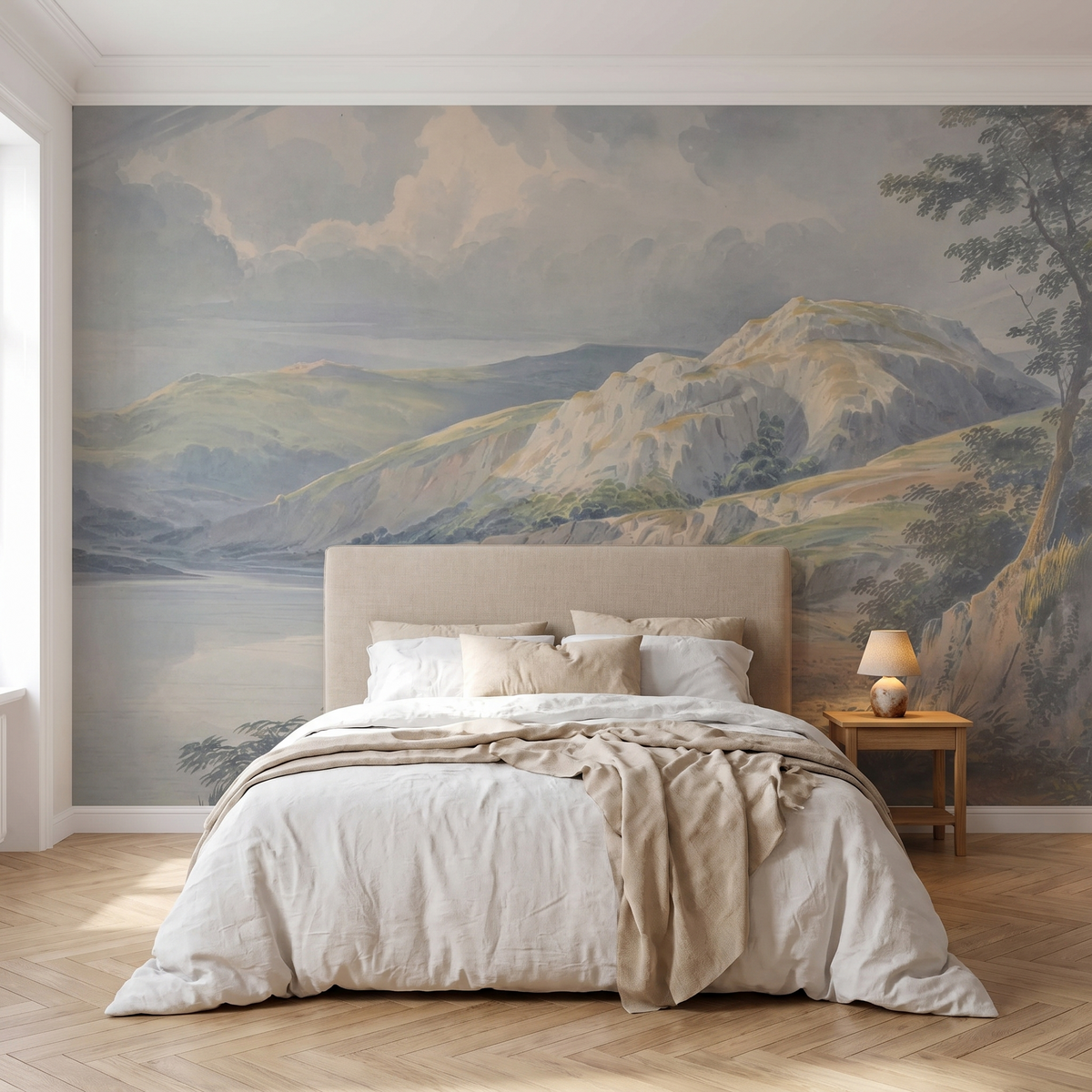 Papier peint panoramique Lac de montagne, aquarelle posé du sol au plafond dans une chambre