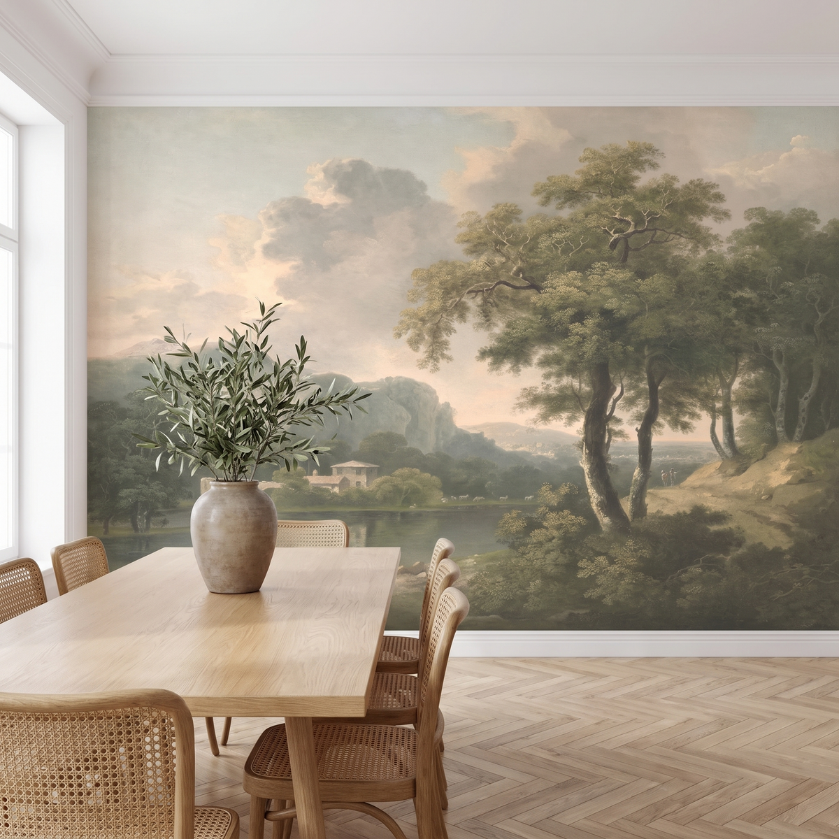 Papier peint panoramique Lac et villa italienne posé du sol au plafond dans une salle à manger
