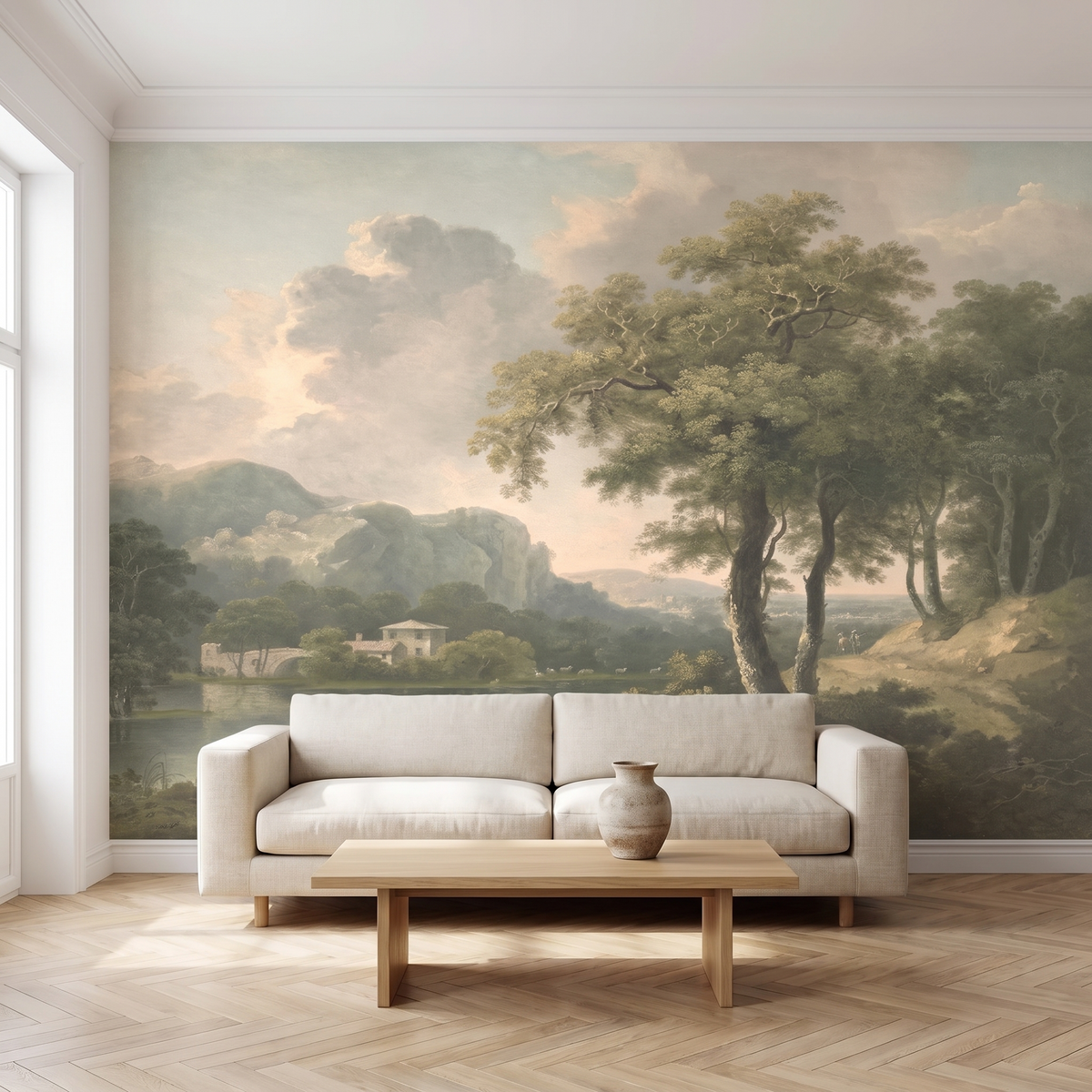 Papier peint panoramique Lac et villa italienne posé du sol au plafond dans un salon