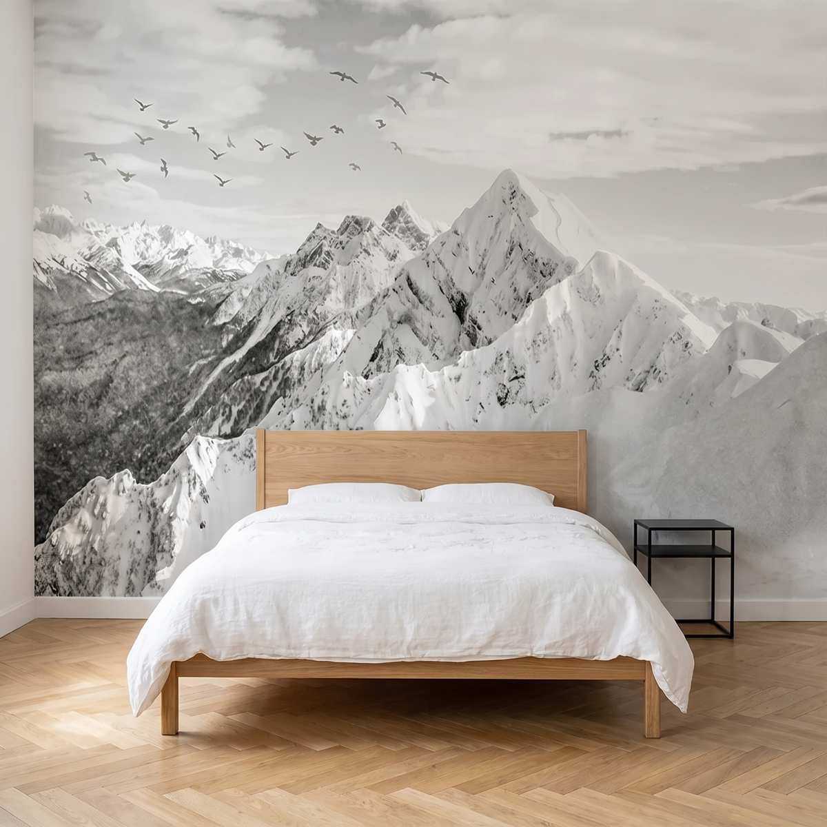 Papier peint panoramique Montagnes enneigées, noir et blanc posé du sol au plafond dans une chambre
