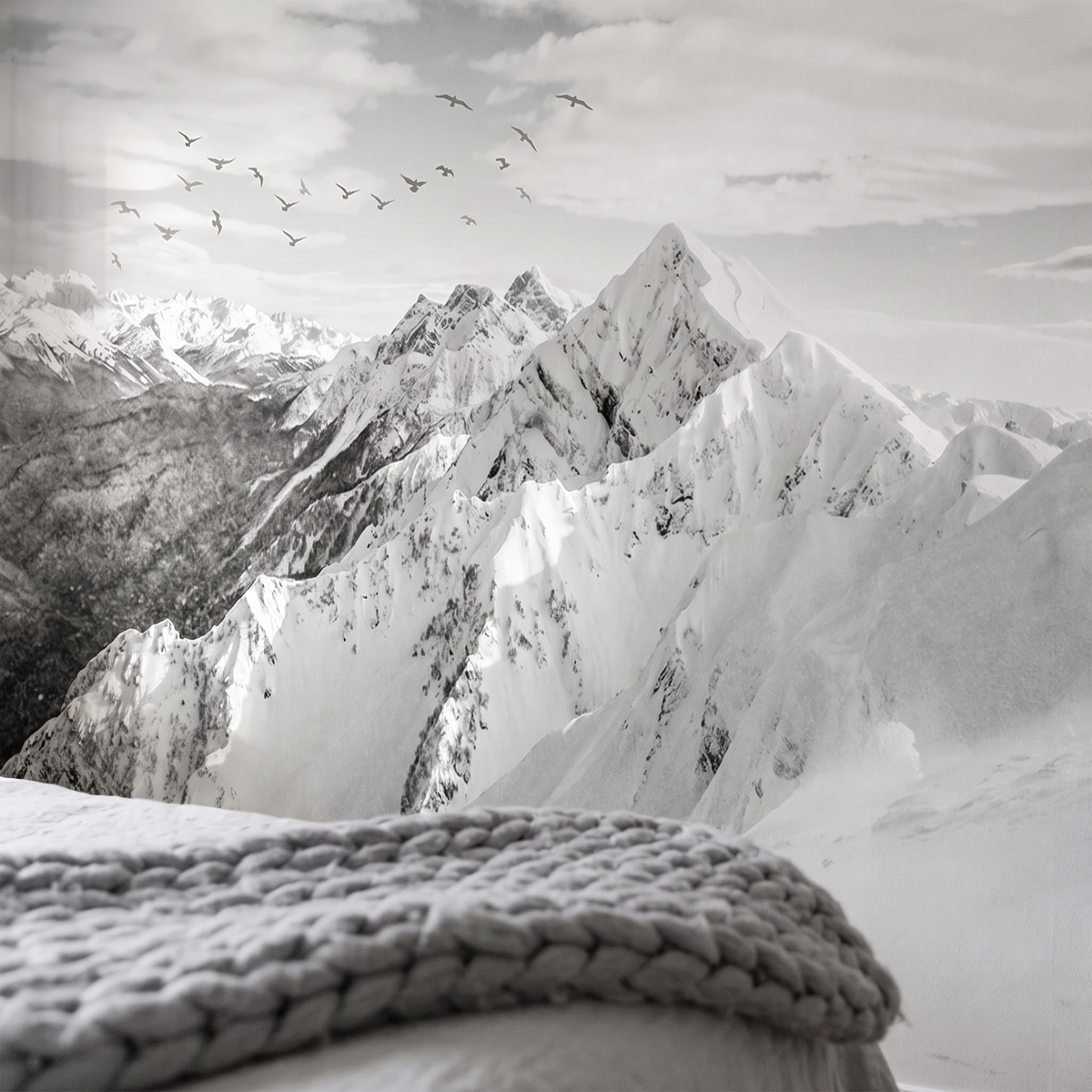Détail du papier peint panoramique Montagnes enneigées, noir et blanc, matière intissée mate