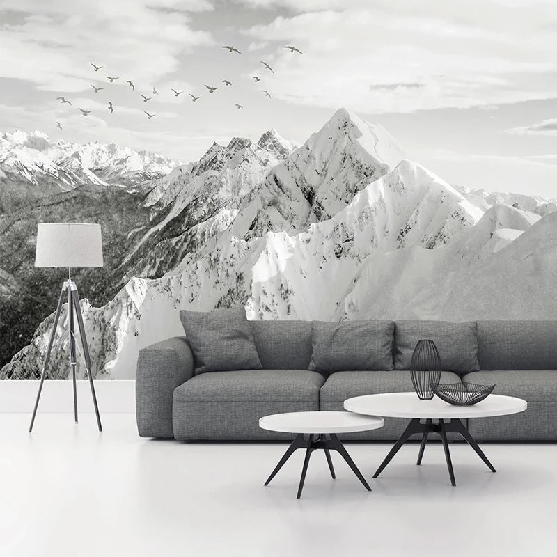 Papier peint panoramique Montagnes enneigées, noir et blanc, exemple de pose