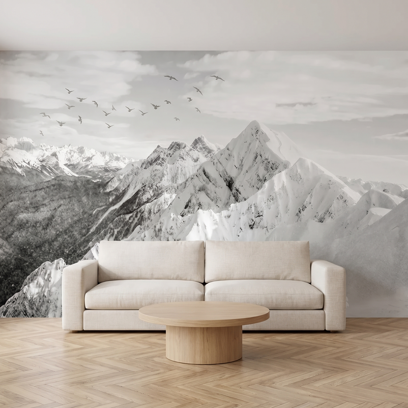 Montagnes enneigées, noir et blanc