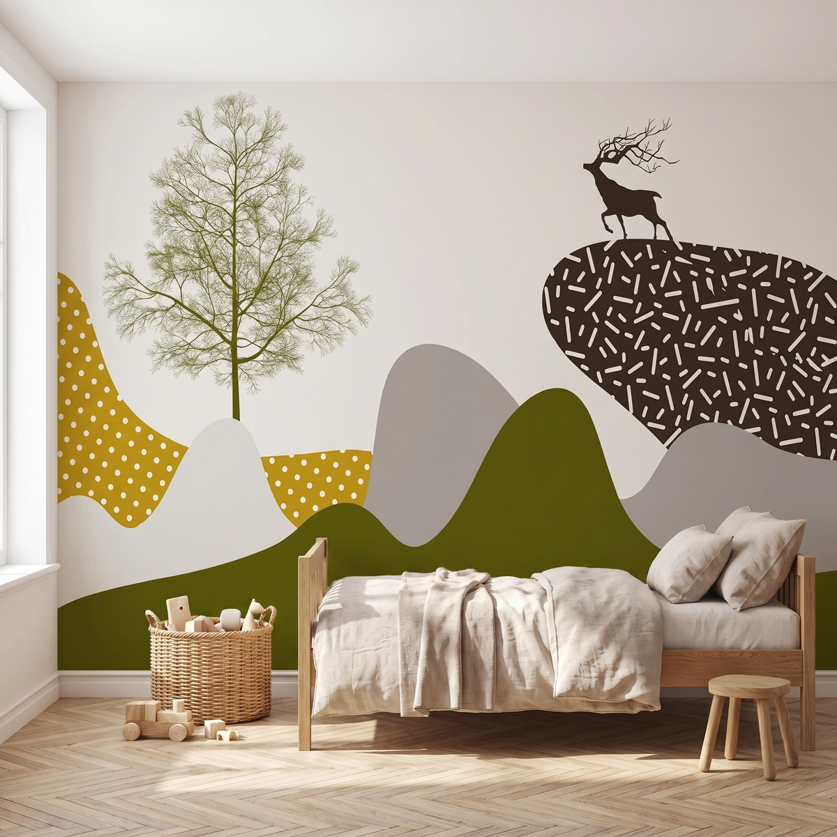 Papier peint panoramique Montagnes et cerf, esprit Morandi posé du sol au plafond dans une chambre d’enfant