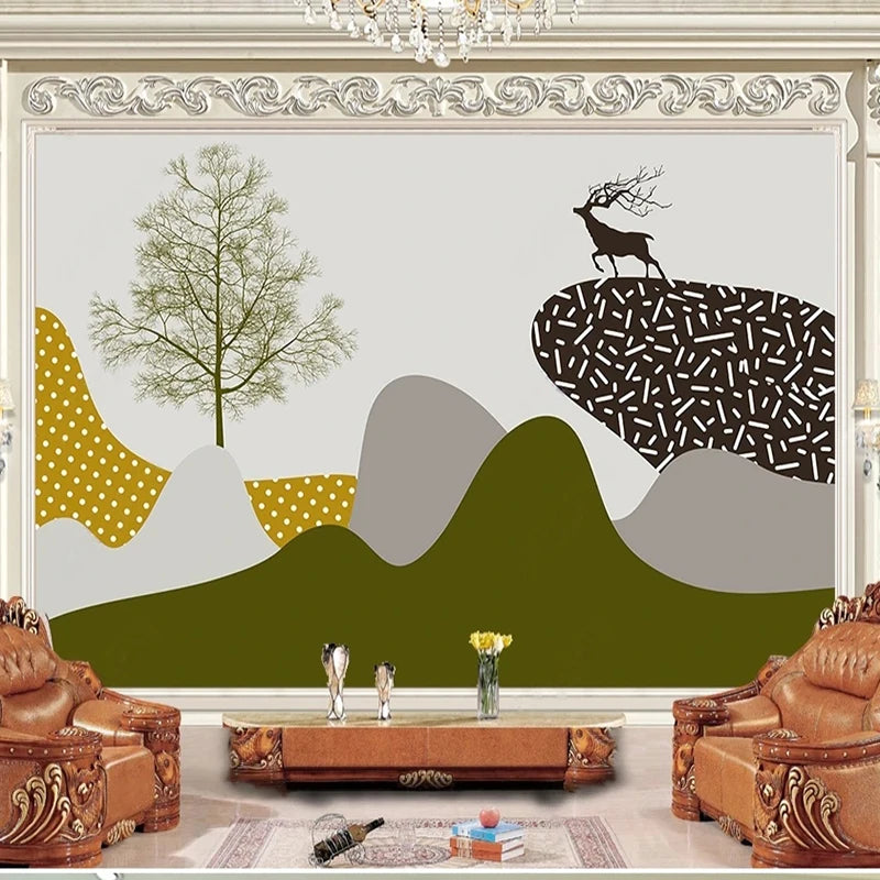 Papier peint panoramique Montagnes et cerf, esprit Morandi, exemple de pose