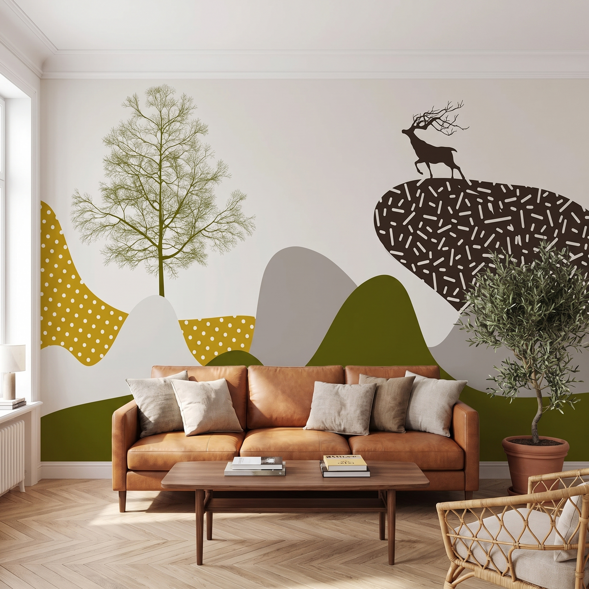 Papier peint panoramique Montagnes et cerf, esprit Morandi posé du sol au plafond dans un salon