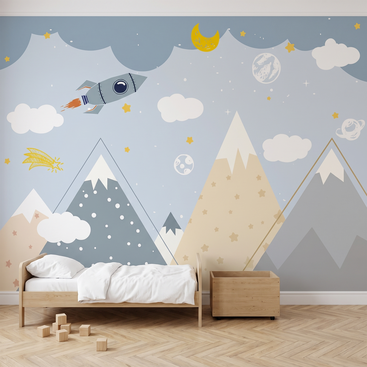 Papier peint panoramique Montagnes et fusée, gris et beige posé du sol au plafond dans une chambre d’enfant