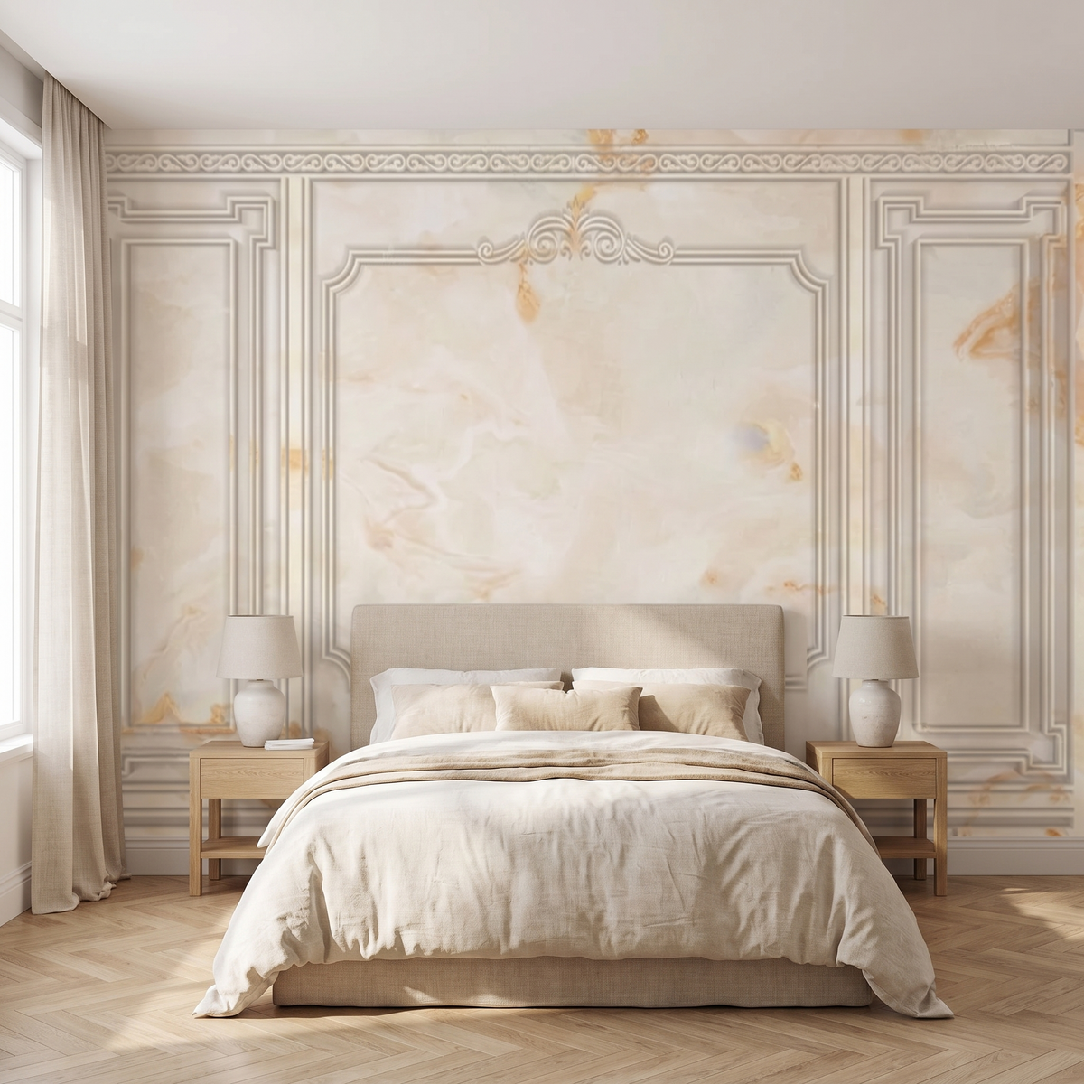 Papier peint panoramique Moulures et marbre, crème posé du sol au plafond dans une chambre