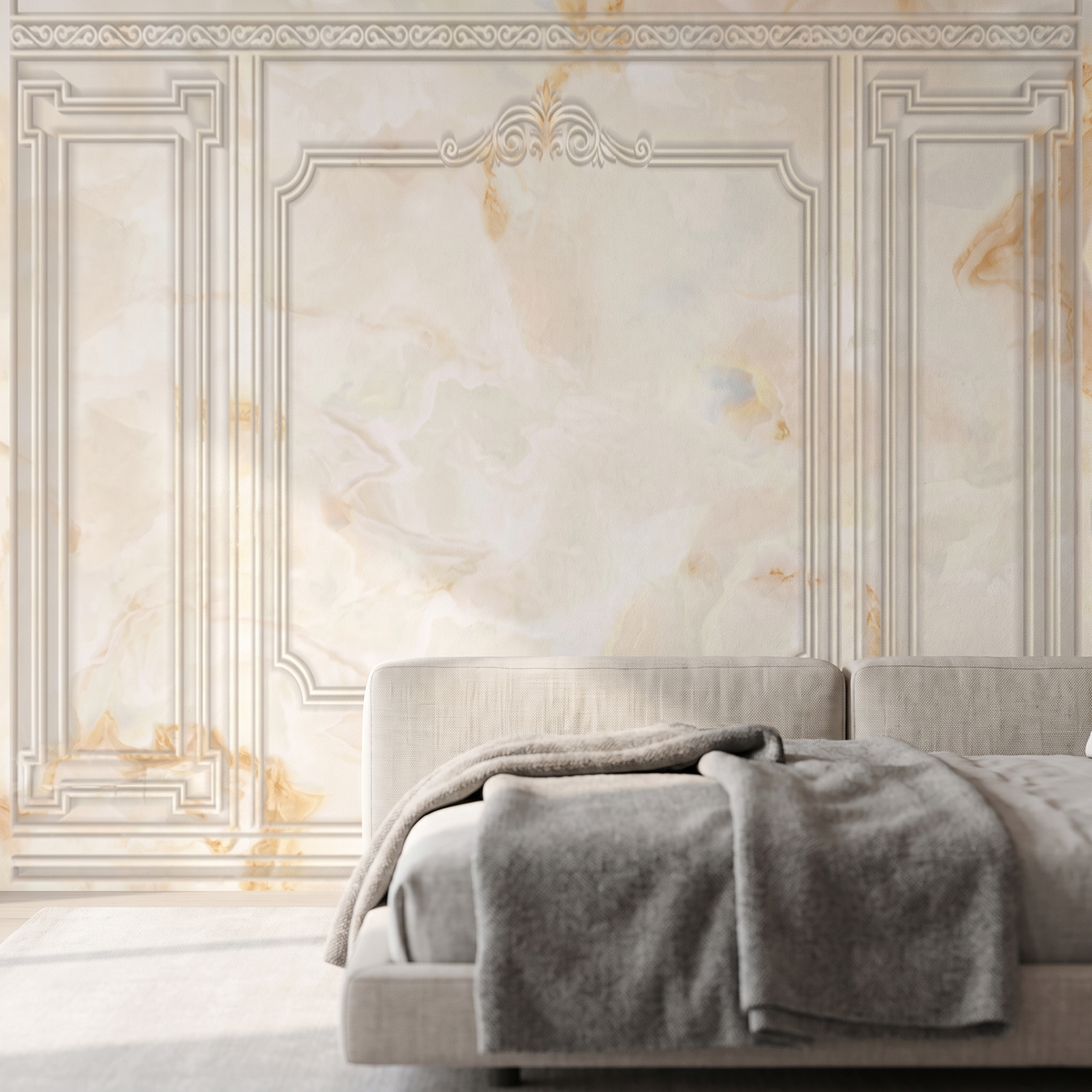Détail du papier peint panoramique Moulures et marbre, crème, matière intissée mate