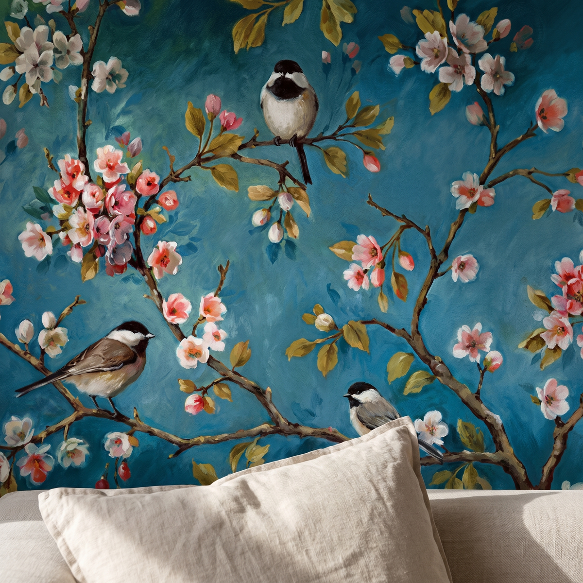 Détail du papier peint panoramique Oiseaux et magnolias, bleu nuit, matière intissée mate
