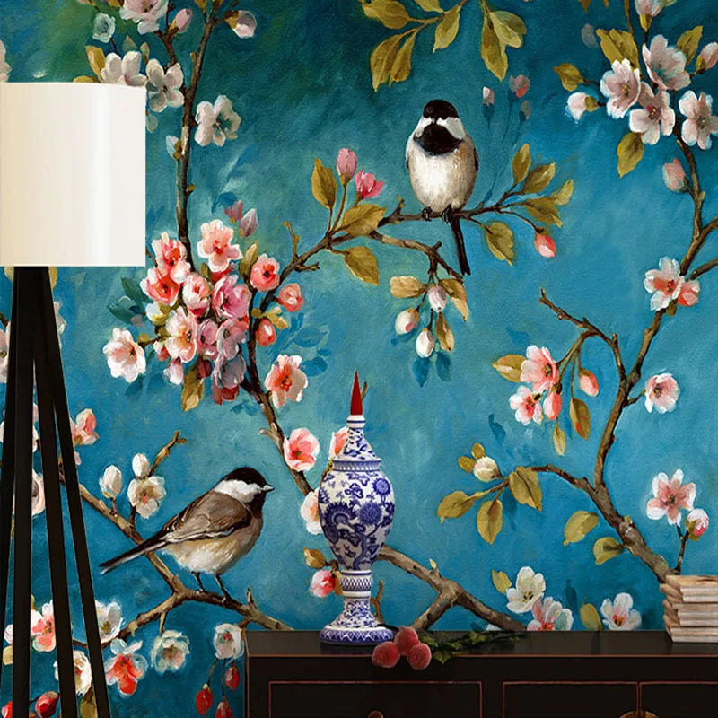 Papier peint panoramique Oiseaux et magnolias, bleu nuit, exemple de pose
