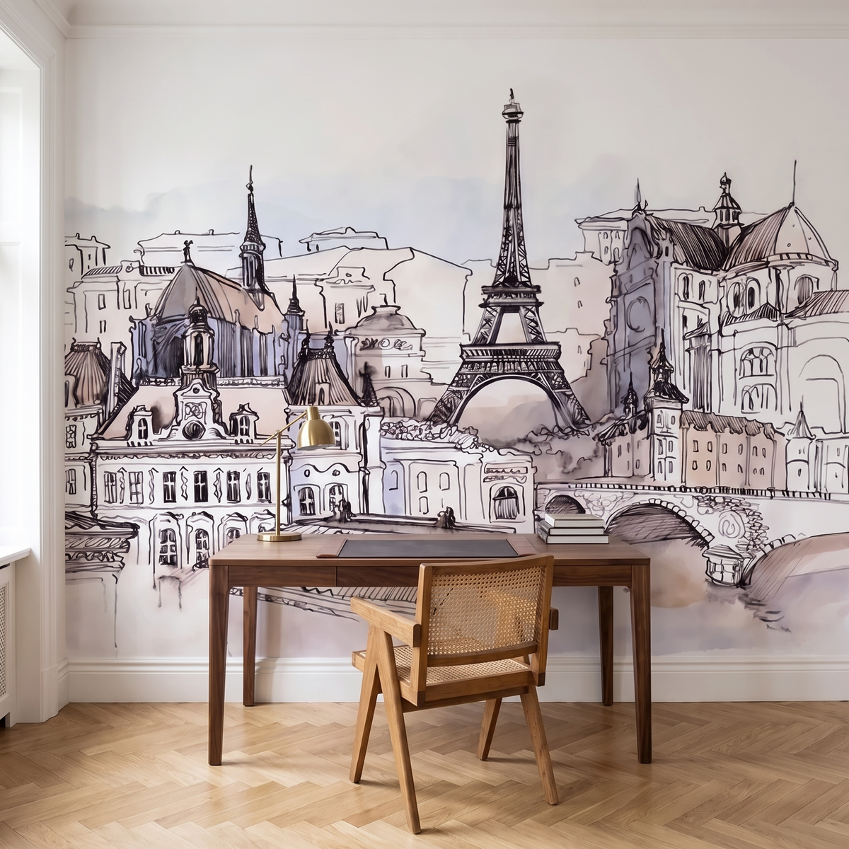 Papier peint panoramique Paris au crayon, gris posé du sol au plafond dans un bureau