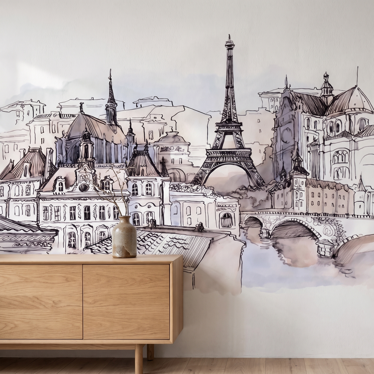 Détail du papier peint panoramique Paris au crayon, gris, matière intissée mate