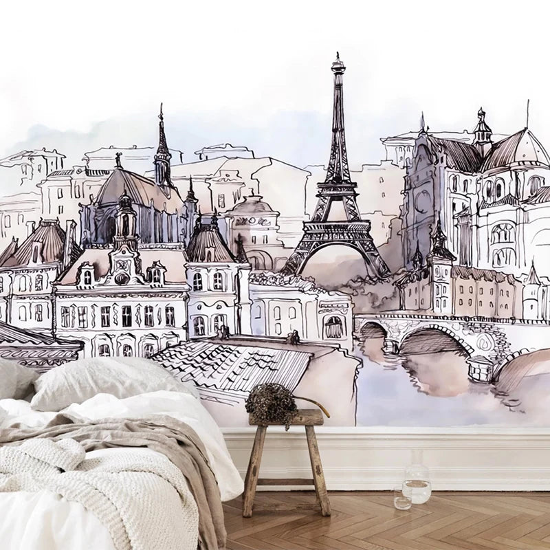 Papier peint panoramique Paris au crayon, gris, exemple de pose